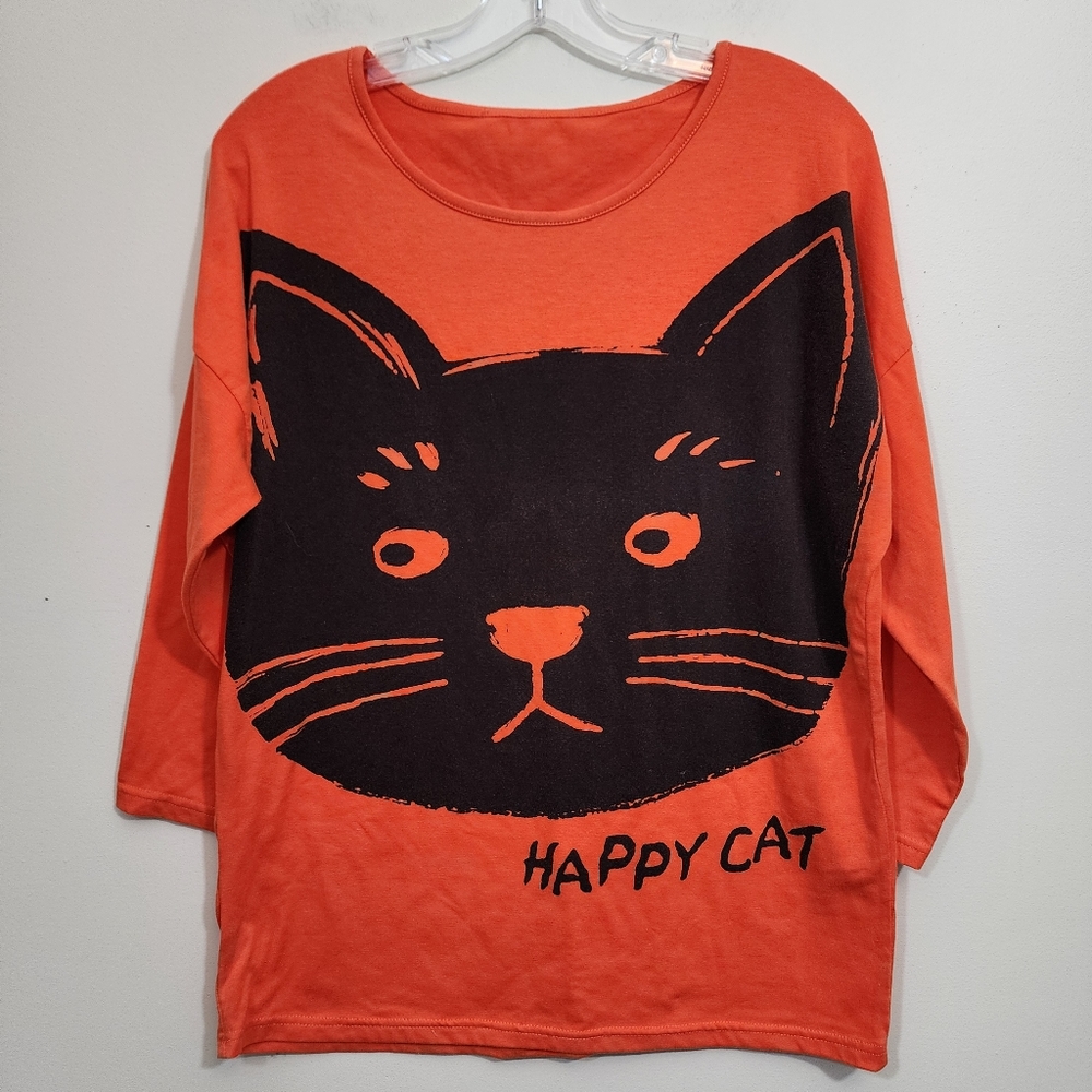 Happy cat orange 3/4 sleeve graphic front t-shirt woman's size large